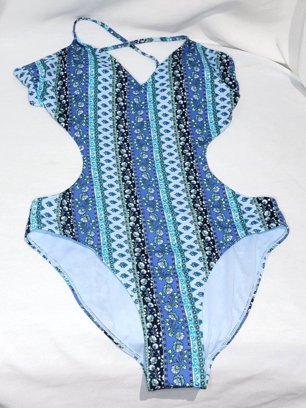 Xhiliration Blue Floral Monokini Size XL